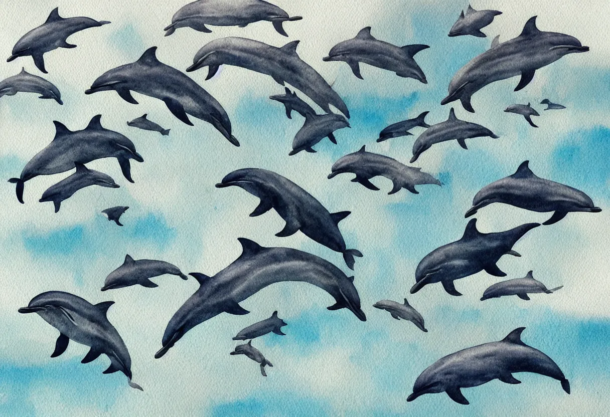 Prompt: close up on the mother of a family of dolphins flying through the sky together science fiction watercolor painting, highly detailed