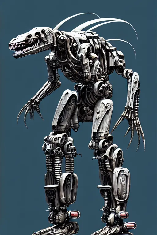 Prompt: trex in a cyborg mech suit, by alexandre ferra, zezhou chen, peter gric, boris artzybasheff and hr giger, hyper detailed, screen print, character concept art, hyperrealism, coherent, cgsociety, zbrush central, behance hd, hypermaximalist