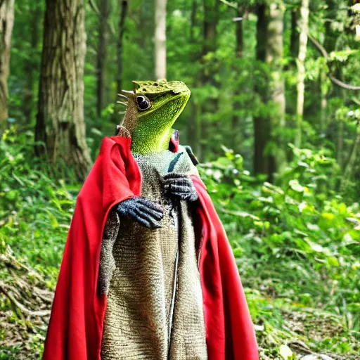 Image similar to medieval cloak wearing anthro lizard, photograph captured in the woods