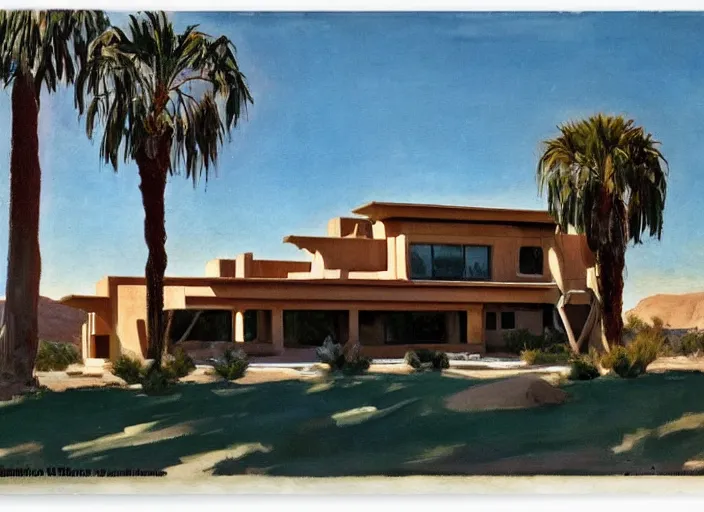 Image similar to painting of a frank lloyd wright house in the california desert by john singer sargent