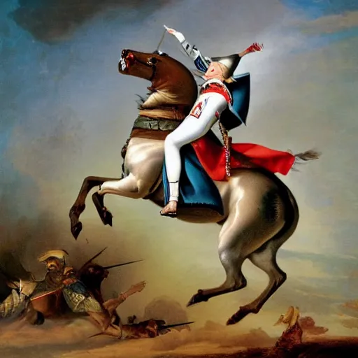Prompt: french bulldog riding horse in battle like napoleon, painted by saint - bernard