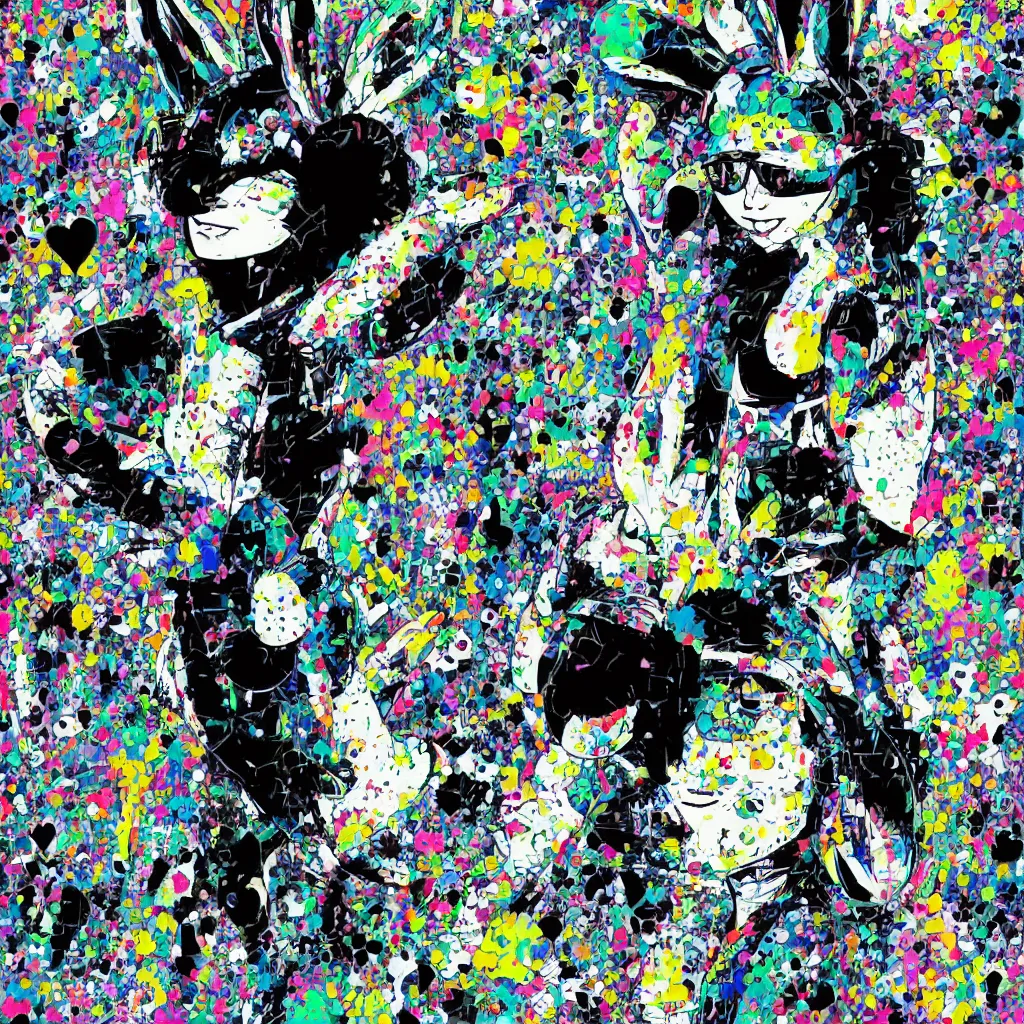 Image similar to person wearing bunny ear hat, abstract, jet set radio artwork, ryuta ueda artwork, cryptic, rips, spots, asymmetry, stipple, lines, glitches, color tearing, pitch bending, stripes, dark, ominous, eerie, hearts, minimal, points, technical, natsumi mukai artwrok, folds