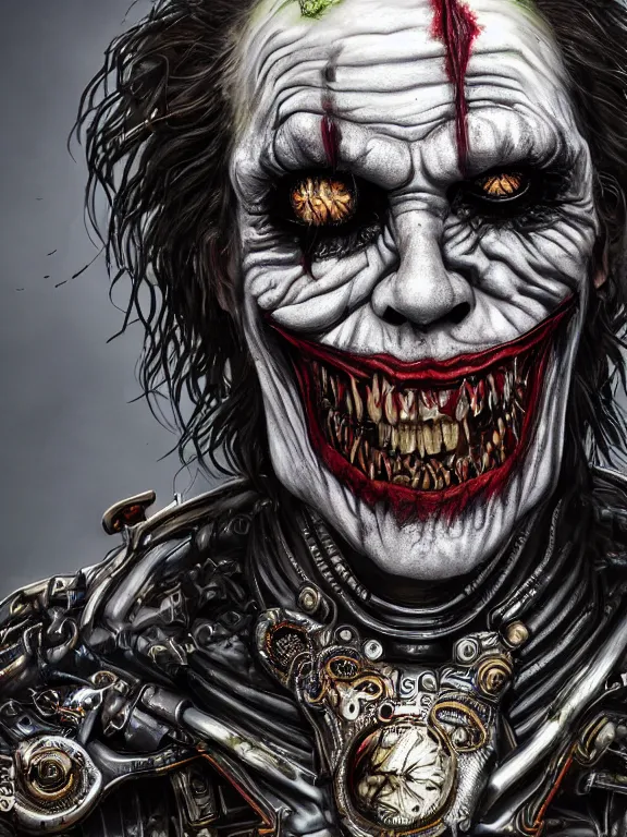 Prompt: portrait art of 8k ultra realistic undead joker, detailed intricate ornate armour,decaying, cybernetic, full of colour, cinematic lighting, battered, trending on artstation, 4k, hyperrealistic, focused, extreme details,unreal engine 5, cinematic, masterpiece, art by ayami kojima, giger