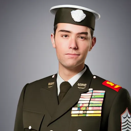 Image similar to a realistic photograph of a ice cream cone themed military uniform of a high ranking ice cream cone officer