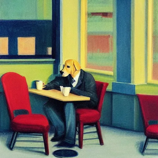 Prompt: Golden retriever puppy sitting at a diner drinking a cup of coffee, looking melancholy, edward hopper style