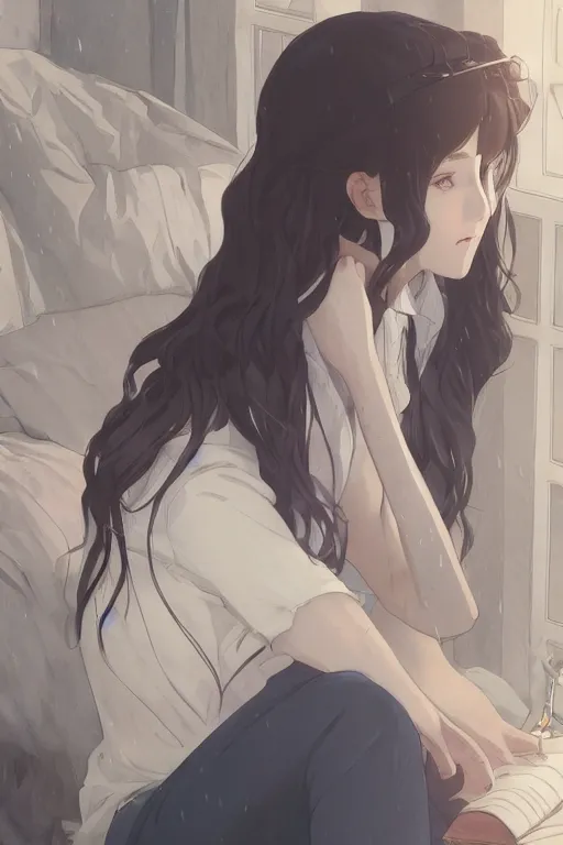 Image similar to a girl in a jk uniform outfit in the bedroom reading a book in a night, raining outside the window, dark and grey theme ， wavy white long hair, by krenz cushart and mucha and akihito yoshida and greg rutkowski and makoto shinkai, detailed eyes, 4 k resolution