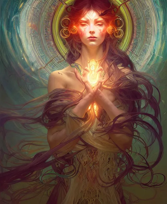 Image similar to a whirlwind of souls ushing inside the metaverse, half body, glowin eyes, d d, fantasy, intricate, elegant, highly detailed, colorful, vivid color, digital painting, artstation, concept art, art by artgerm and greg rutkowski and alphonse mucha and ruan jia