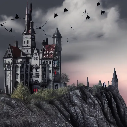 Prompt: wide angle photo of a gothic castle, the sky is red, many bats flying around in the sky, eerie fog, nightmare miasma, trending on artstation,