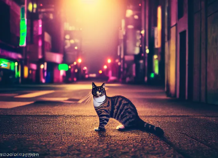 Image similar to photography of a Cat sitting on a box. in a cyberpunk street, award winning photo, led lighting, night, 24mm, sharp, high res