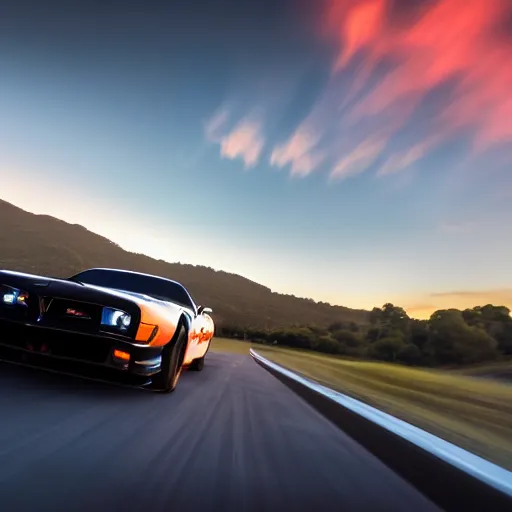 Image similar to black pontiac firebird trans - am driving towards the camera, mountain, valley, sunrise, cinematic, motionblur, sunbeams, volumetric lighting, wide shot, low angle, artstation