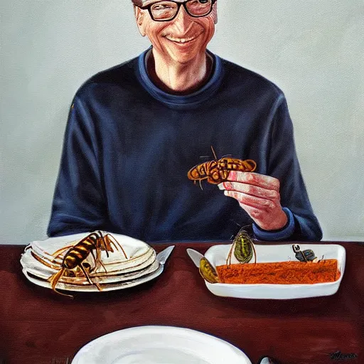 Prompt: a ultra realistic oilpainting of Bill Gates eating worms and bugs, moody, Bill Gates sits at a table with a plate full of insects, 8k, horrible nasty,