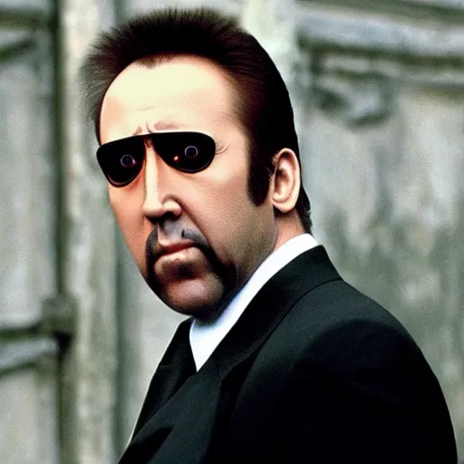 Image similar to Nicolas Cage as Morpheus in the Matrix