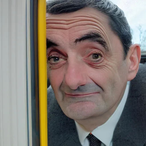 Prompt: mrbean looking from outside the window