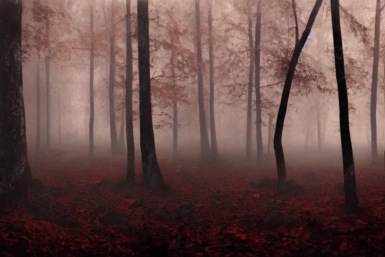 Image similar to deep dark moody forest, red fog on the ground, bleak. big stones, dark mood. mysterious. doom. realistic painting. photobashing, matte painting, highly detailed, autumn, cinematic, hyperralistic, artstation, art brut, outsider art, symbolist, dramatic lighting, god rays, clean crisp graphics, smooth sharp focus, extremely detailed