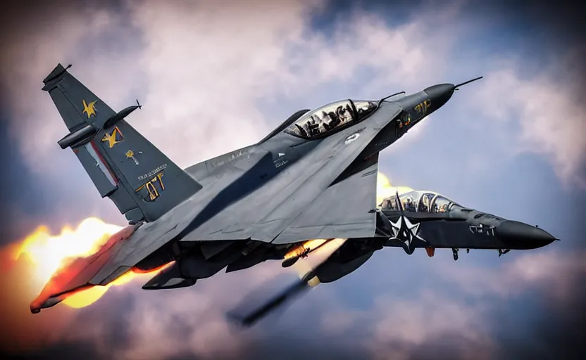 Prompt: tomcat replica, top gun maverick, flares and chaffs, futuristic aircraft, realistic paint job, from ace combat 7, facing black explosions in windows, cosplay photo, stunning, dcs world style, bokeh soft, shot on 1 5 0 mm, zenithal lightning, trending on instagram, by award winning photographer, symmetrical features