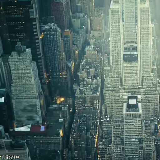 Image similar to giant cyborg ant walking over New York city, scary, movie still, 4k