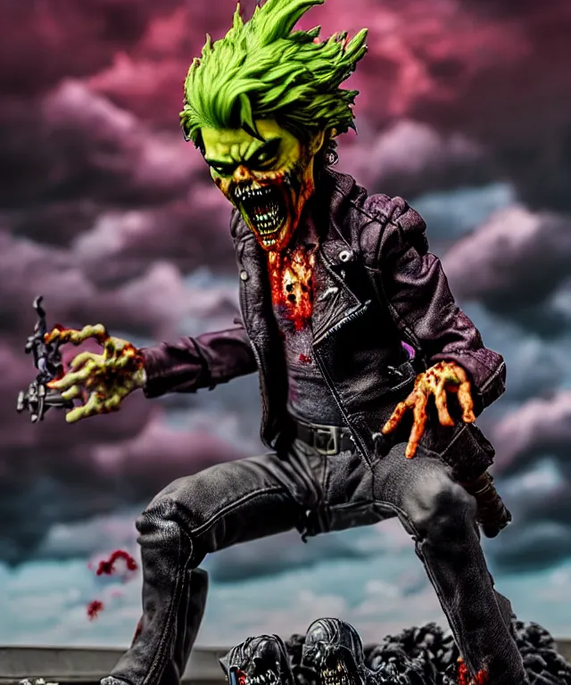 Image similar to hyperrealistic rendering, epic boss battle, punk rock zombie, by art of skinner and richard corben, product photography, collectible action figure, sofubi, hottoys, storm clouds, outside, lightning