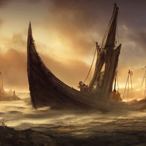 Prompt: vikings dismounting off their longship to invade a moderate sized village, dusk, cinematic, concept art, slight fog, high detail, wide shot, dynamic lighting, sharp focus, high resolution