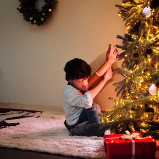 Image similar to a kid at christmas disappointed and sad that his present was a giant moai statue, his hands buried in his face, sitting down. | inside of a house next to a christmas tree, large present in the back