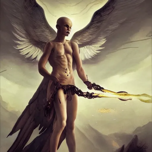 Prompt: very attractive androgynous fallen angel with shaved head on one side and with tattoos on his body falling through the sky battling superior angels, beautiful, hd, high detailed, 4 k, art by da vinci, art by greg rutkowski