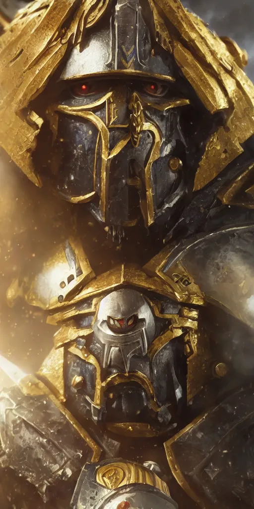 Image similar to warhammer 40k, half-lenght portrait of Emperor of Mankind, beautiful man without helmet, gold armor, beautiful face, long blonde hair, digital art, illustration, fine details, cinematic, highly detailed, octane render