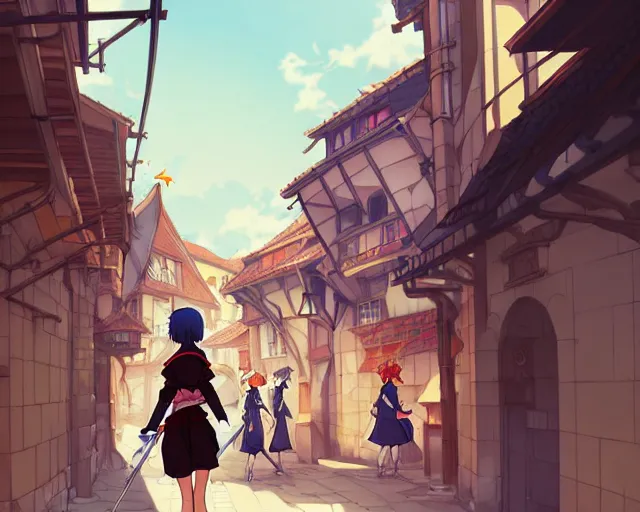 Image similar to anime visual, portrait of a young female walking through a busy medieval village, yoshinari yoh, dynamic pose, dynamic perspective, detailed silhouette, cel shaded anime