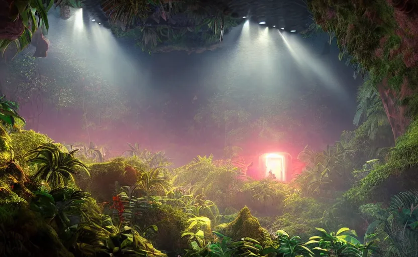 Prompt: a beautiful render of a sci - fi scientific industrial facility localized in a jungle cave, lush flora, patches of yellowish - red - magenta sky, sunset lighting, detailed, hazy, humid, volumetric lighting, god rays, 8 k, photorealistic, raytracing effects, rtx on