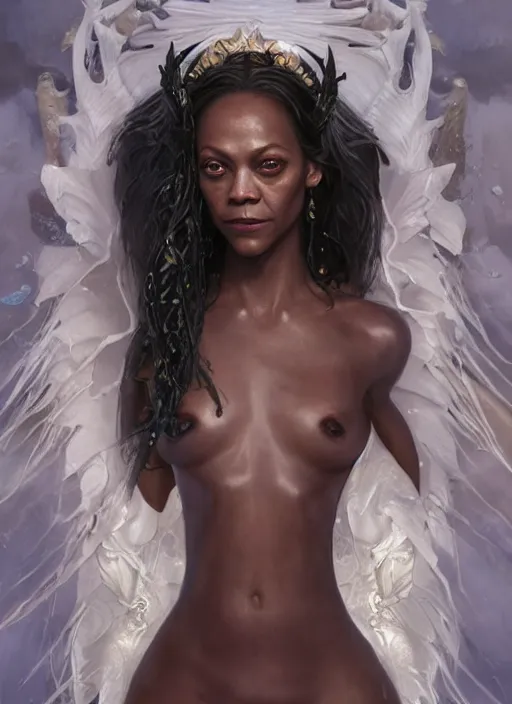 Image similar to dramatic upper body portrait of Zoe Saldana as a dark-skinned la sirene Haitian mermaid goddess by Ruan Jia and Mandy Jurgens and Artgerm and william-adolphe bouguerea, underwater, white sheer fabric, white lilies, shells, mirrors, marvel comics, intricate, highly detailed, smooth, artstation, digital illustration by julie bell and Ruan Jia and Mandy Jurgens and Artgerm and William Adolphe Bouguereau and John Collier and Greg Rutkowski and Frank Frazetta