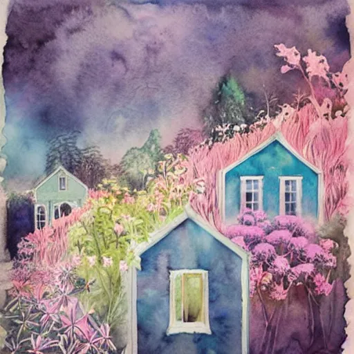 Prompt: watercolor flower houses in a serene landscape by anna dittmann, by marco mazzoni