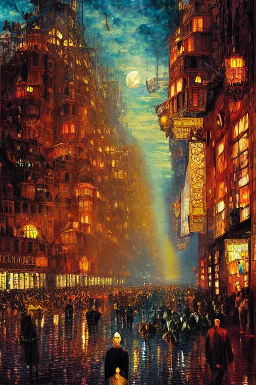 Prompt: the crowned king in disguise, looking down on the crowded streets of the city of blood and prisms, night skies, dramatic light, hyperrealistic, colorful skies, digital art, vray, john atkinson grimshaw, leonid afremov, wayne barlowe