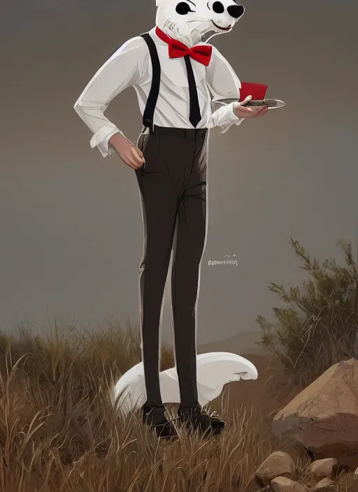 Image similar to Character portrait of a happy furry cartoon anthro stoat wearing a white_dress_shirt, tan_vest, red_bowtie, and black_slacks in the desert wilderness, intricate, elegant, highly detailed, digital painting, artstation, concept art, smooth, sharp focus, illustration, art by Krenz Cushart and Artem Demura and alphonse mucha