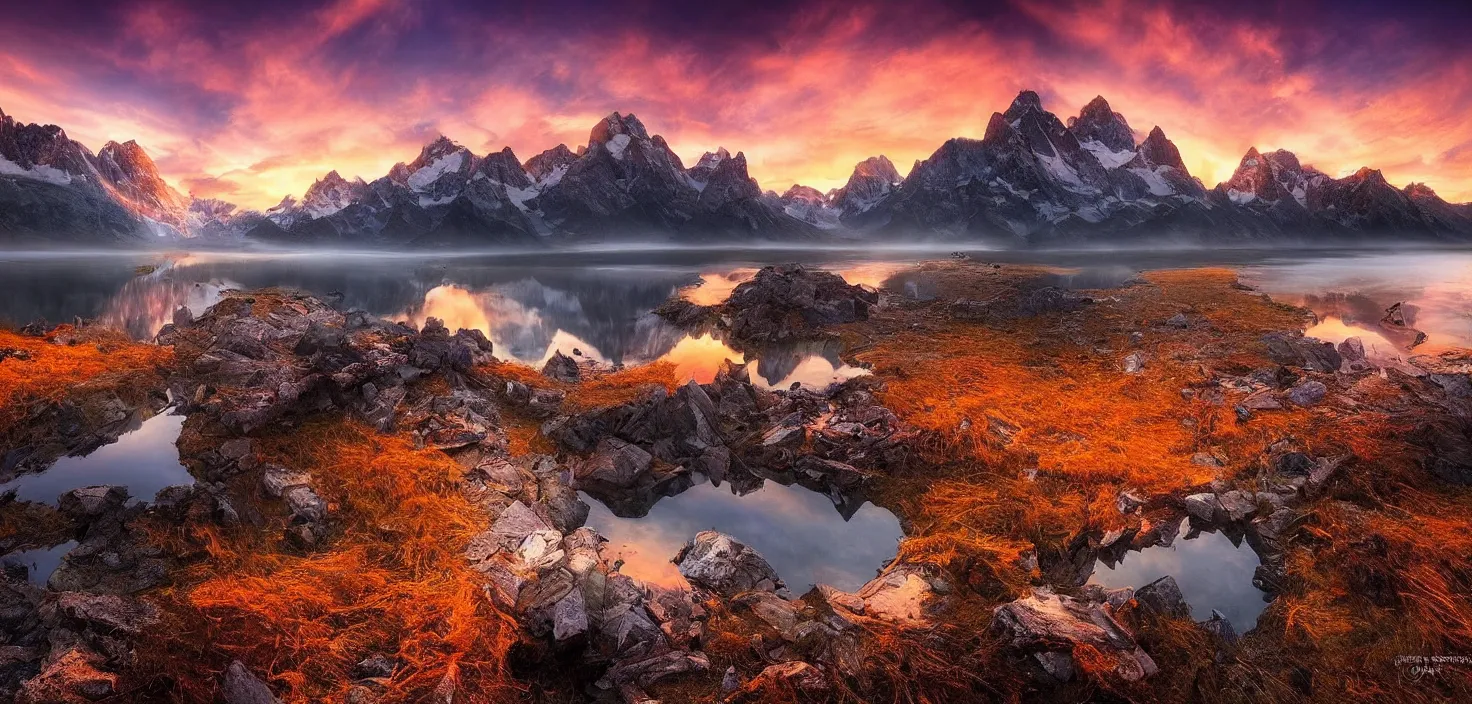 Image similar to amazing landscape photo of mountains with lake in sunset by marc adamus, beautiful dramatic lighting