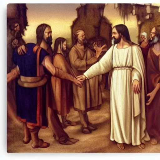 Image similar to hitler handshakes jesus hd, realistic, by da vinci