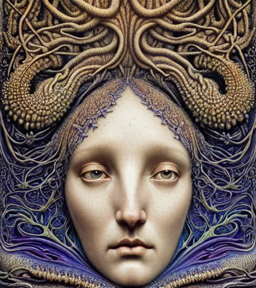 Image similar to detailed realistic beautiful reef goddess face portrait by jean delville, gustave dore, iris van herpen and marco mazzoni, art forms of nature by ernst haeckel, art nouveau, symbolist, visionary, gothic, neo - gothic, pre - raphaelite, fractal lace, intricate alien botanicals, ai biodiversity, surreality, hyperdetailed ultrasharp octane render