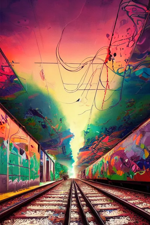 Prompt: trains covered in dripping colorful graffiti paint, painterly, james jean, yoshitaka amano, hiroshi yoshida, moebius, loish, artgerm, painterly, symmetrical, ultra detailed, hyper realistic, illustration, sunset lighting