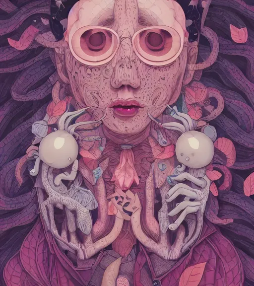 Prompt: portrait, nightmare anomalies, leaves with a lady by miyazaki, violet and pink and white palette, illustration, kenneth blom, mental alchemy, james jean, pablo amaringo, naudline pierre, contemporary art, hyper detailed