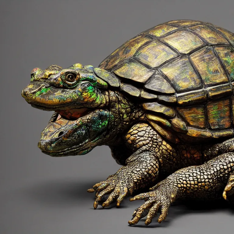 Prompt: hyperrealistic sculpture of a bronze fossilized alligator tortoise dusted with iridescent spraypaint and ferns in a nylon grid cage on a pedestal by ron mueck and duane hanson and lee bontecou, hyperrealistic dramatic colored lighting trending on artstation 8 k