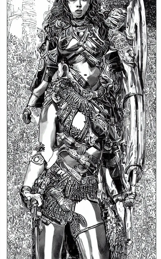 Prompt: scarlett johannson as a greek amazon warrior, a tall beautiful woman with brown skin and long hair, dressed in hellenistic body armour, intricate, elegant, highly detailed, smooth, sharp focus, detailed face, high contrast, graphic novel, black and white, art by laurie greasley