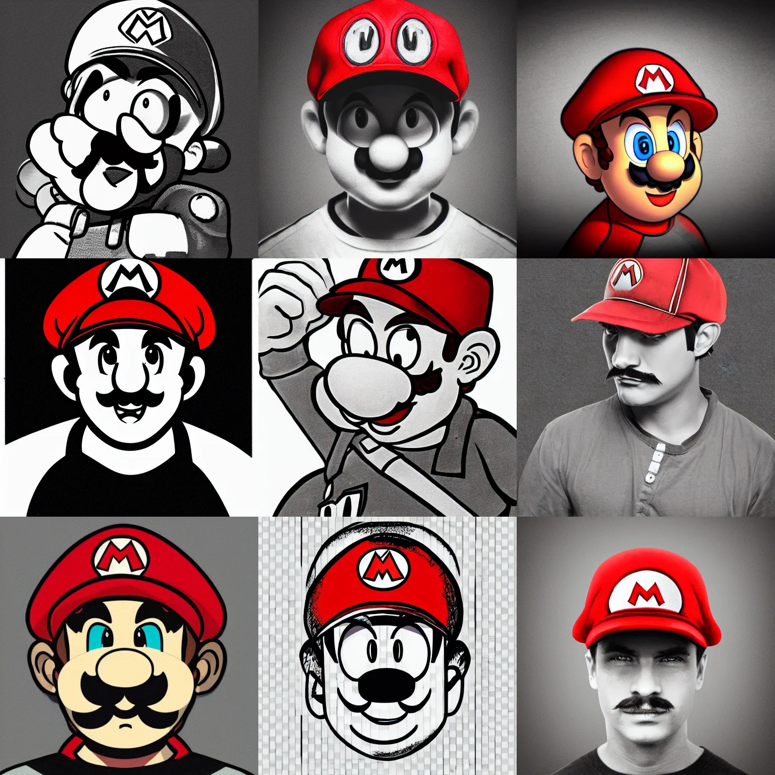 Prompt: art of super mario facing downward, hat covering eyes, hand holding cap brim, black background, faded color palette, red selective coloring, monochrome, striking artstyle