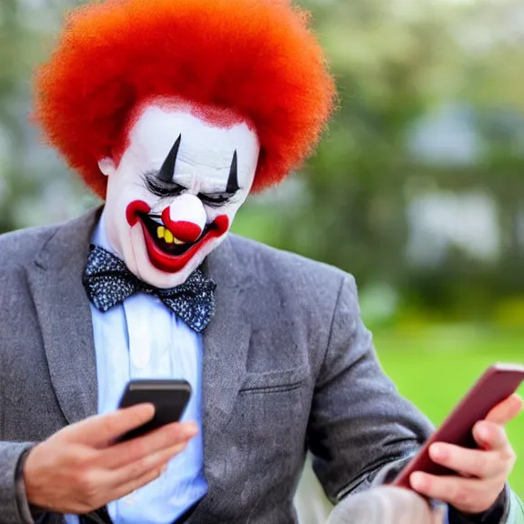 Image similar to clown crying while browsing twitter on his phone