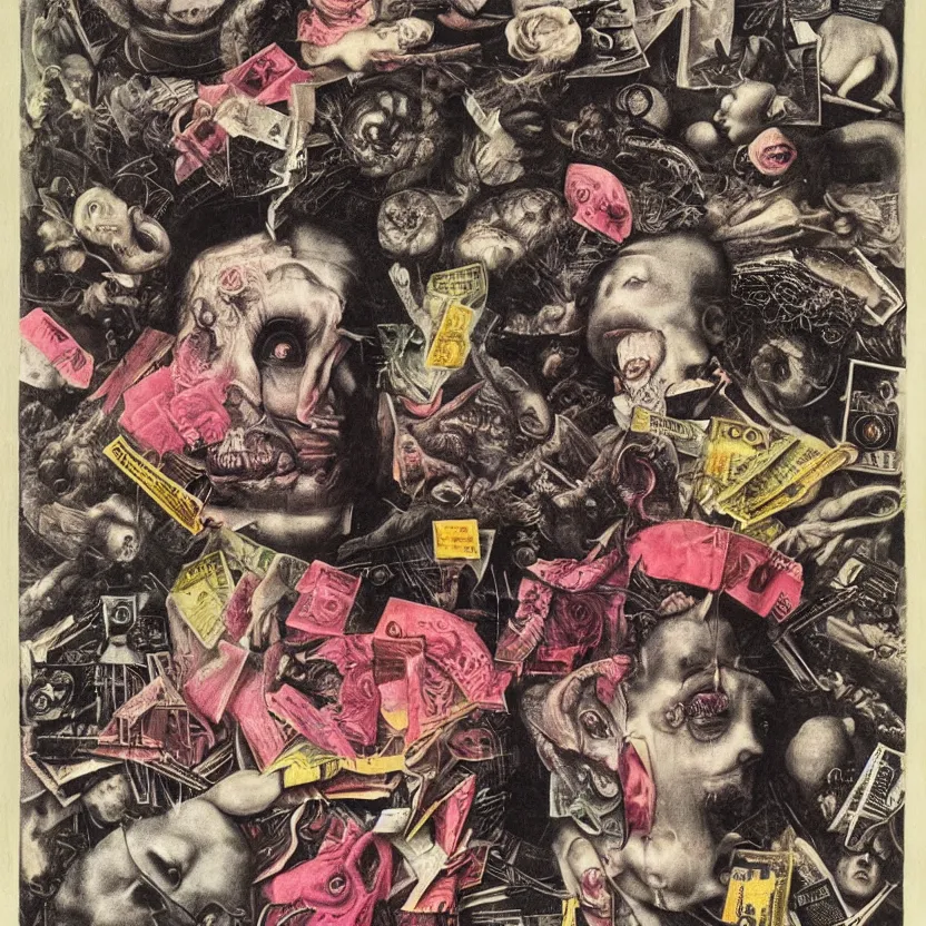 Image similar to post - punk new age album cover, asymmetrical design, dollar bank notes, capitalism, magic, apocalypse, psychedelic, black white pink, magic, giger h. r., giuseppe arcimboldo