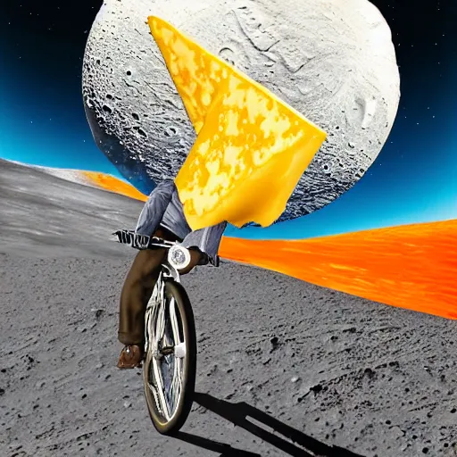 Image similar to a wheel of cheese is cycling fast on a bike on the surface of the moon and drives away from a huge and dangerousmushroom cloud of a nuclear explosion. photorealistic