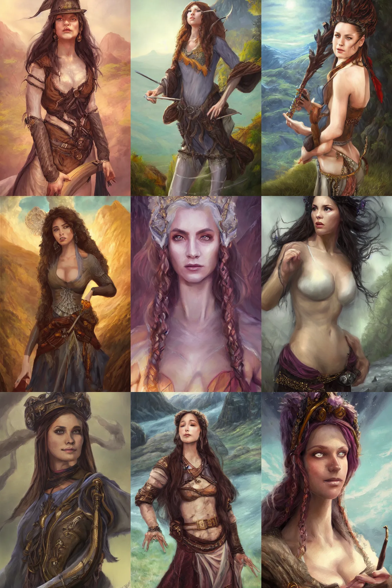 Image similar to a full body high detail fantasy portrait oil painting illustration of a single beautiful bard woman by justin sweet with face and body clearly visible, in a scenic background, pretty eyes, realistic proportions, d & d, rpg, forgotten realms, artstation trending, high quality, sombre mood, artstation trending, muted colours, entire person visible!