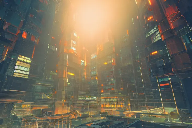 Prompt: orange government building, cyberpunk city, studio gainax art, intricate electronics, moody lighting