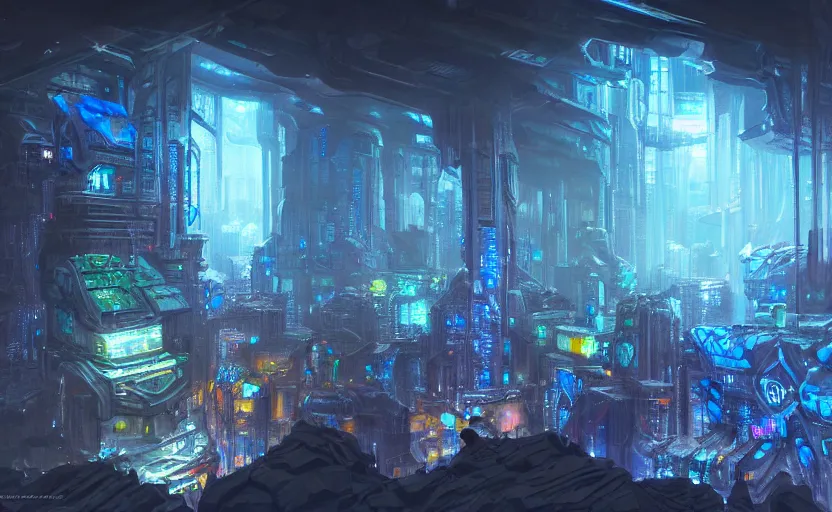 Image similar to cyberpunk factory in a dark cave, blue crystals, hyper detailed, realistic, intricate, concept art by frank hong, mate painting, artstation