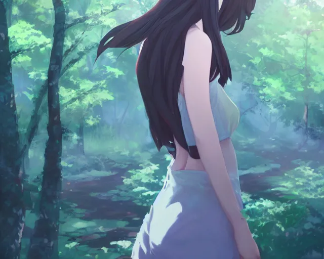 Prompt: a girl with two wings on her back in a forest. By Makoto Shinkai, trending on ArtStation, digital art.