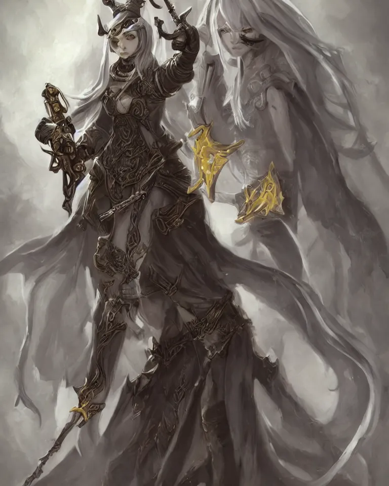 Prompt: female character concept art of tiefling cleric gunslinger holding fantasy gun wearing a nun veil with demon horns on top, full body, grey skin, fine detailed painting, demon tail, blue cleric priestess robe with golden embroidery, final fantasy character art style, game character design, dark fantasy