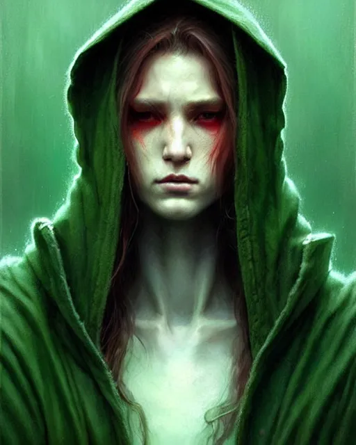 Image similar to portrait Green hooded jacket coat Hunter elf, long-haired By greg rutkowski, tom bagshaw, beksinski