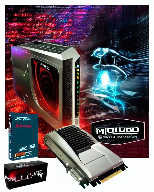 Prompt: 90s 2000s graphic card boxe box art 90s 2000s y2k futuristic cheesy metallic alien cgi motion blur voodoo graphics cyborg pc gaming liquid silver millennium nvidia ati elsa hercules prophet