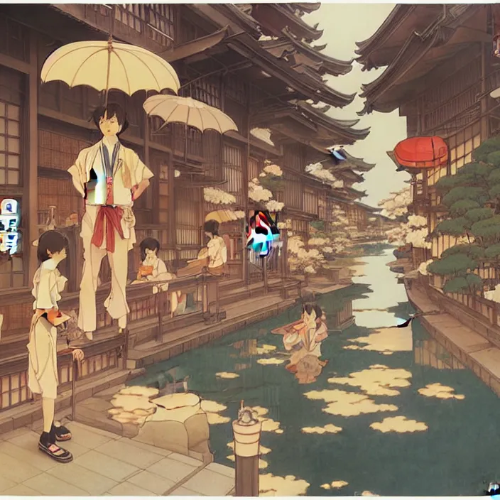 Image similar to japanese city, summer, in the style of studio ghibli, j. c. leyendecker, greg rutkowski, artem